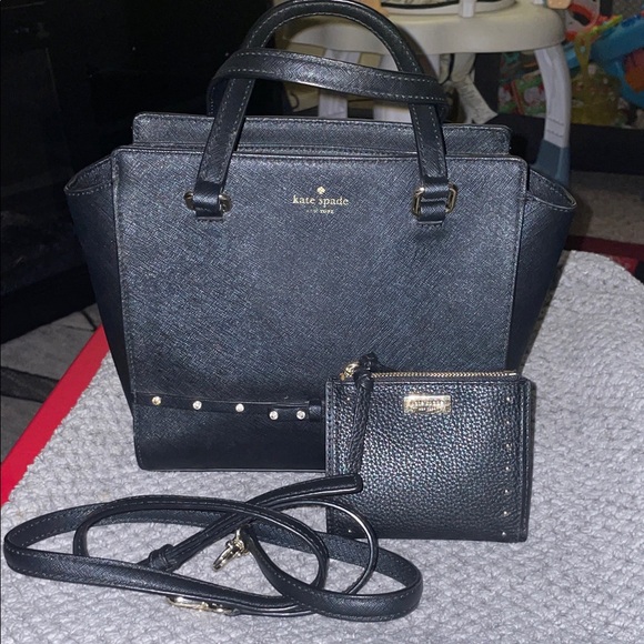 kate spade Handbags - Kate Spade Laurel Way Jeweled Black Satchel and Wallet Set 9”W x 8”H